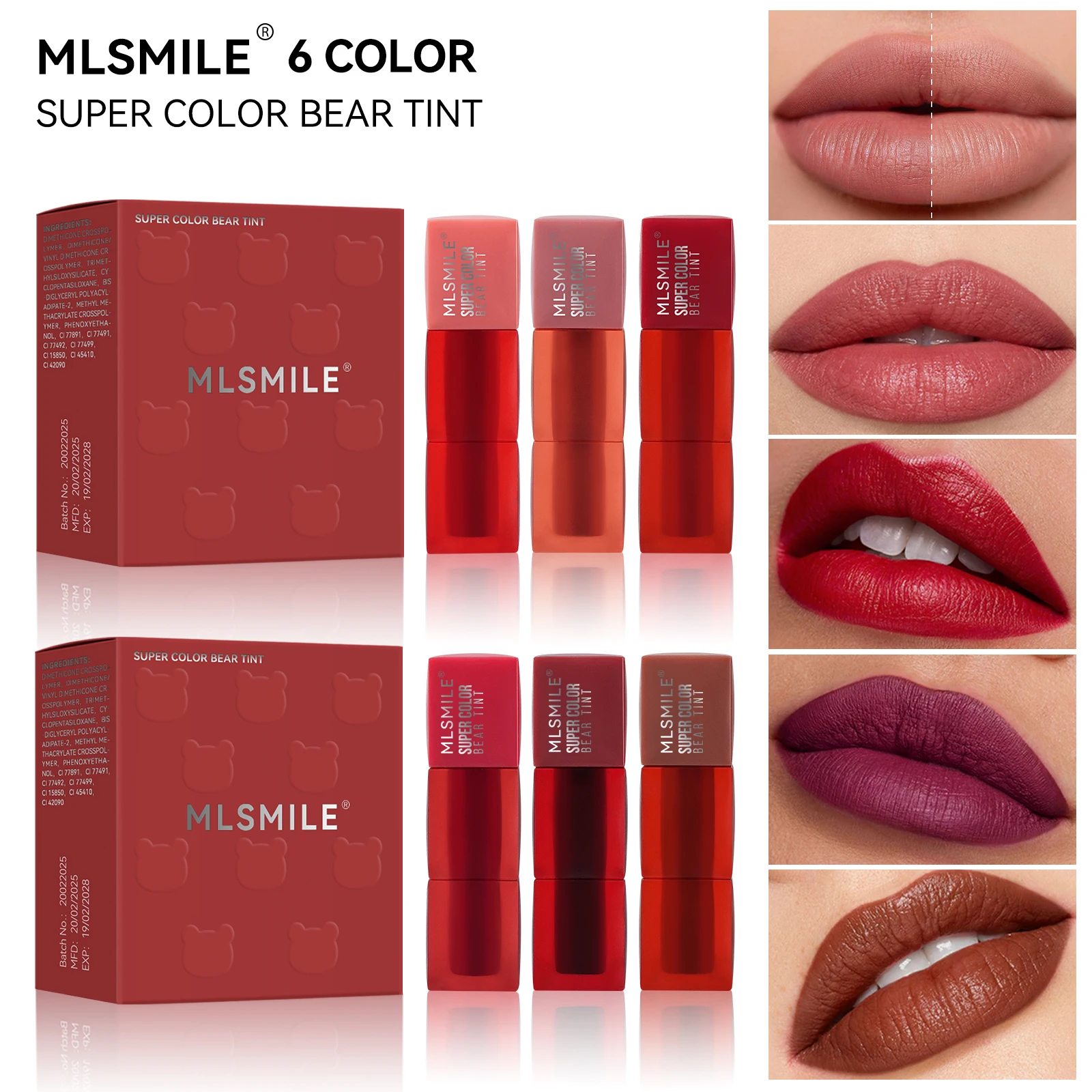 MLSMILE 3 Matte Velvet Teddy Lip Gloss de longa duração, não pegajoso, cor de longa duração Brilho labial leve e não pegajoso