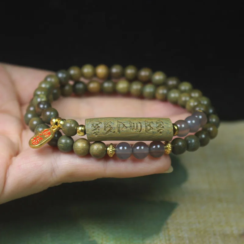 Guajacwood 6mm Double Circle Half Bracelet Six Words Buddha Beads Gray Agate Rosary Crafts Personality Ornament