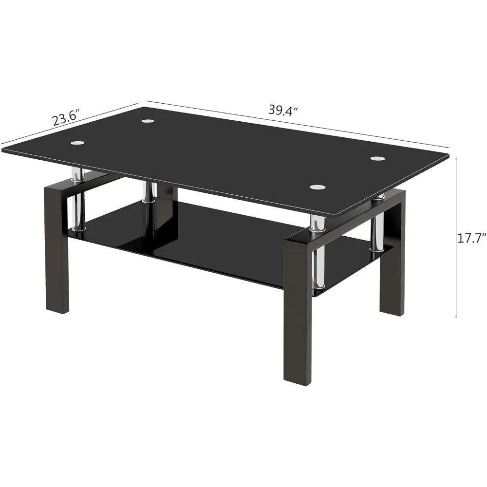 Tempered Glass Coffee Table with Metal Legs Modern Small Coffee Tables for Living Room (Black)