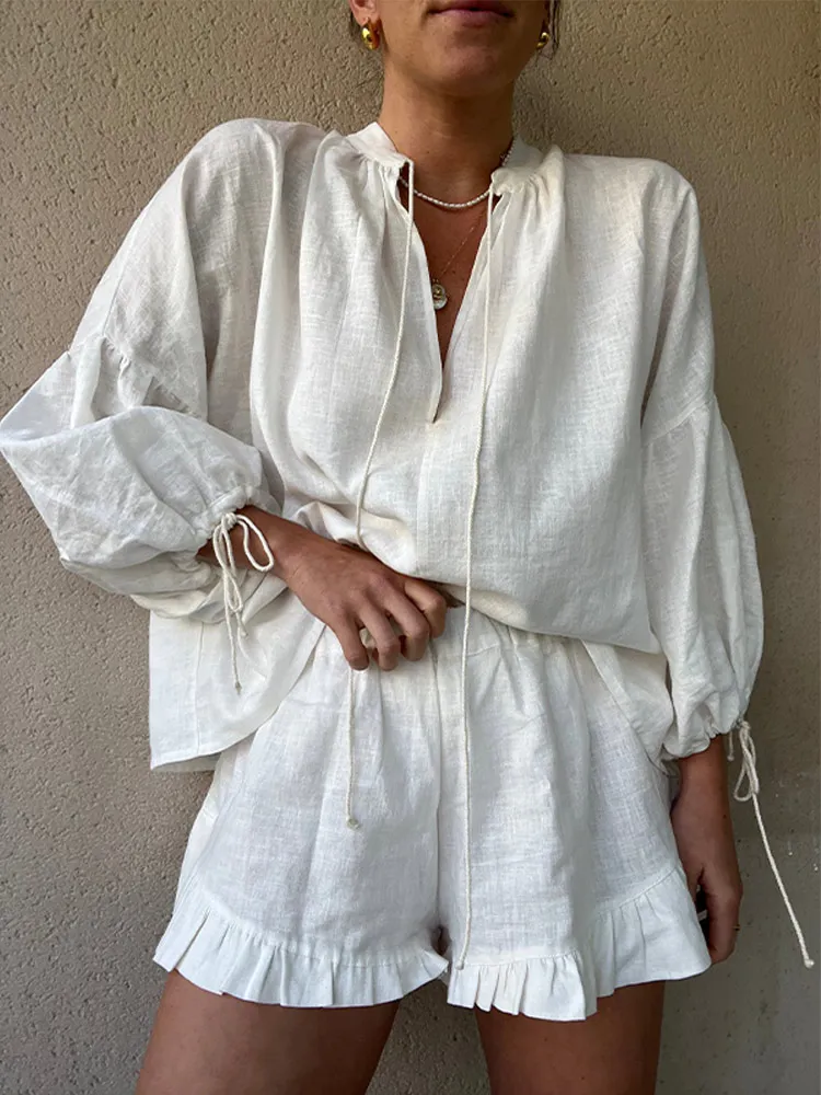 2024 Summer Beach Highstreet Outfits Casual V-neck Drawstring Long Sleeved Top Sets Women Fashion Loose Ruffle Shorts Suits