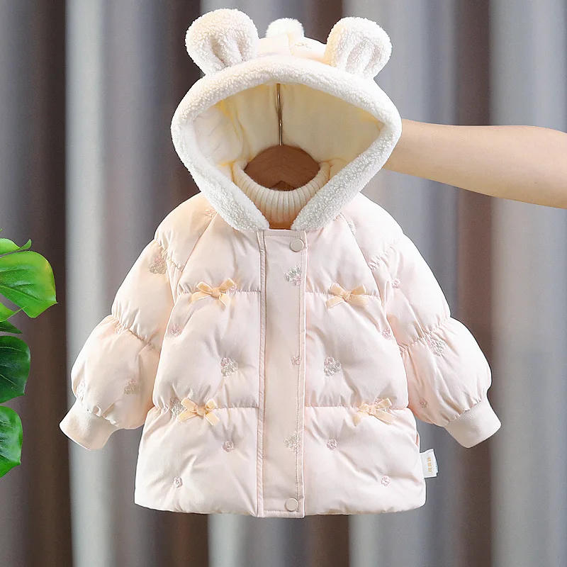 

Toddler Girls Winter Jacket 2025 New Korean Fashion Sweetheart Bowknots Ear Hooded Daily Coat Ages 2-6