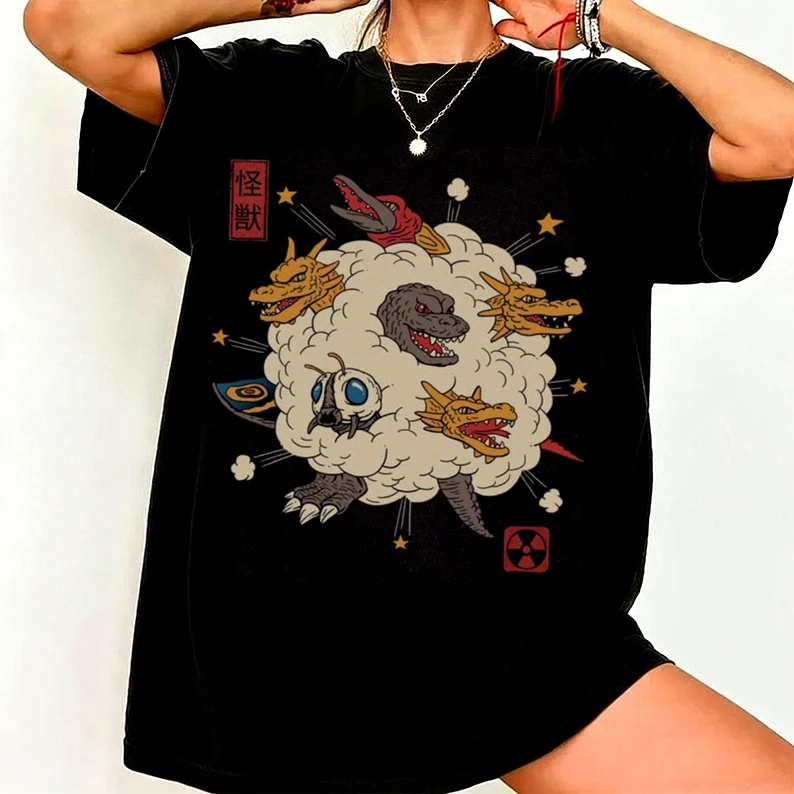 Godzilla Inspired Kaiju Monster Retro Graphic Print T-Shirt Men Women Cotton Oversized Couple Harajuku Casual Streetwear Tops