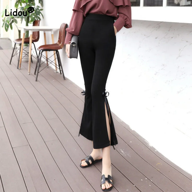 

Casual for Women 2022 Spring Autumn New Split Side Ribbon Nine-point Pants Office Lady Mid Waist Black Flare Trousers Female