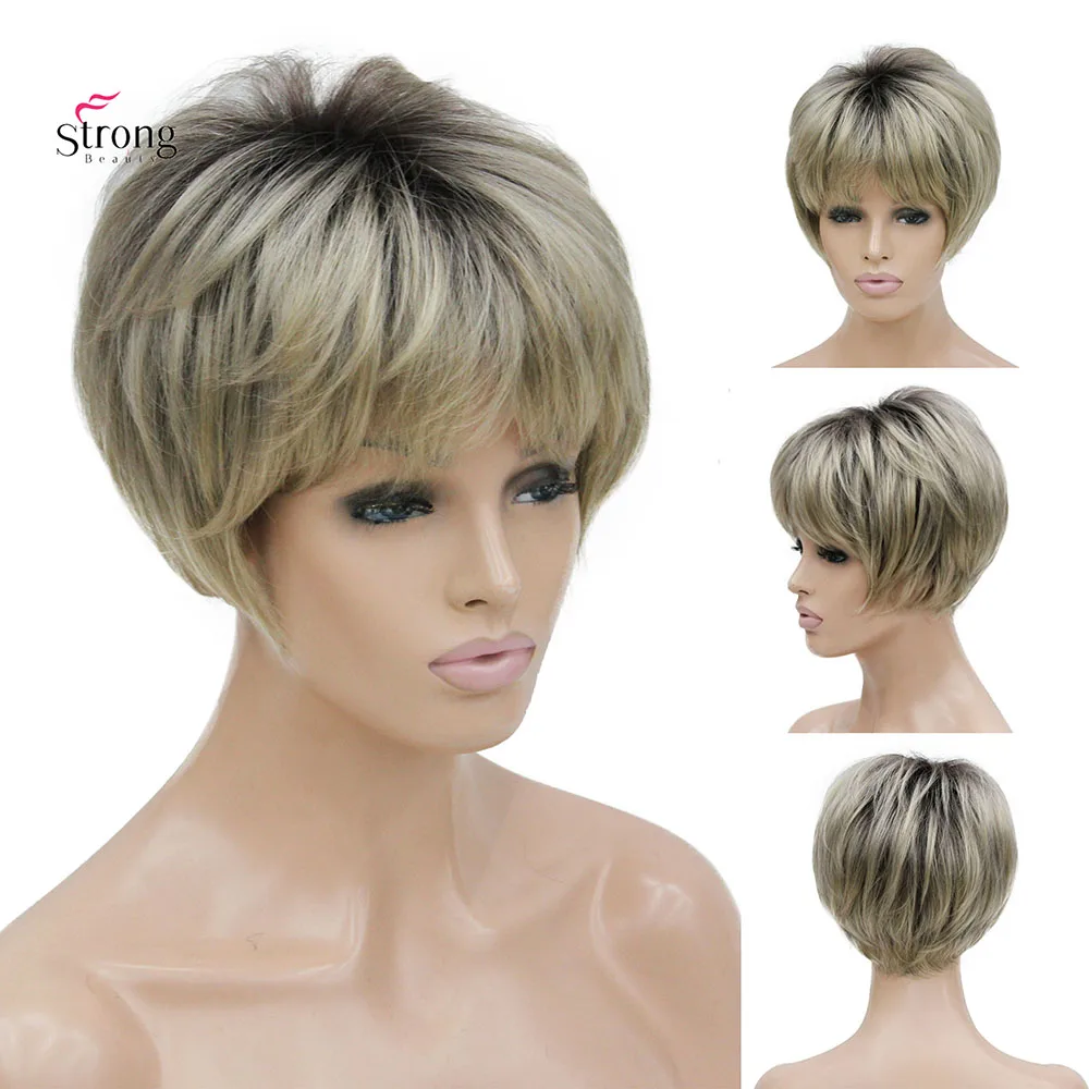 Strrongbeauty Short Ombre Blonde Bob Straight Wig Synthetic Fluffy Hair Bob Natural Wig for Women