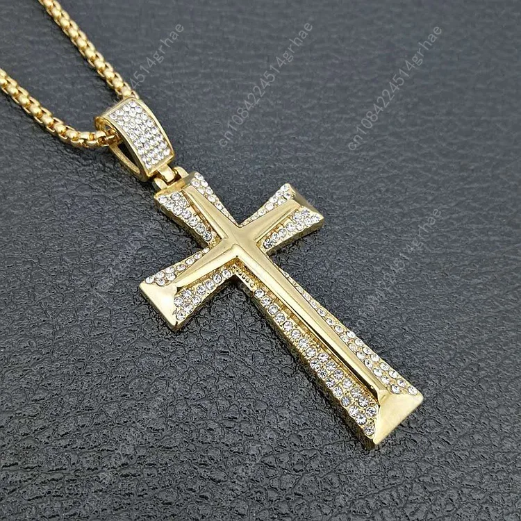 New hot sale Iced Out Cross Necklace Gold color with Filled Zircons Large Crucifix Pendant Necklace Mens Cool Jewelry
