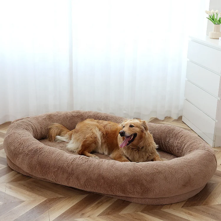 RTS round long plush human dog bed soft washable cat bed removable pet cushion for human dog