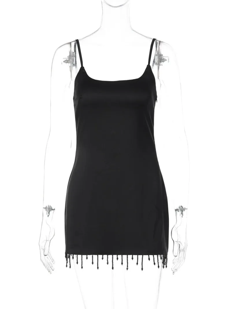 FDYOUI-vestido de fiesta nocturna con borlas y tirantes finos para mujer, minivestido de noche Sexy sin mangas y espalda descubierta ajustado de satén