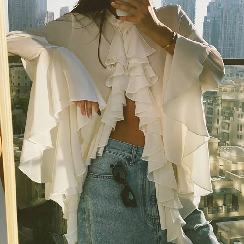 

Элегантная женская шифоновая рубашка, модный топ с круглым вырезом и рукавами-трубой, однобортный свободный повседневный однотонный топ с рюшами