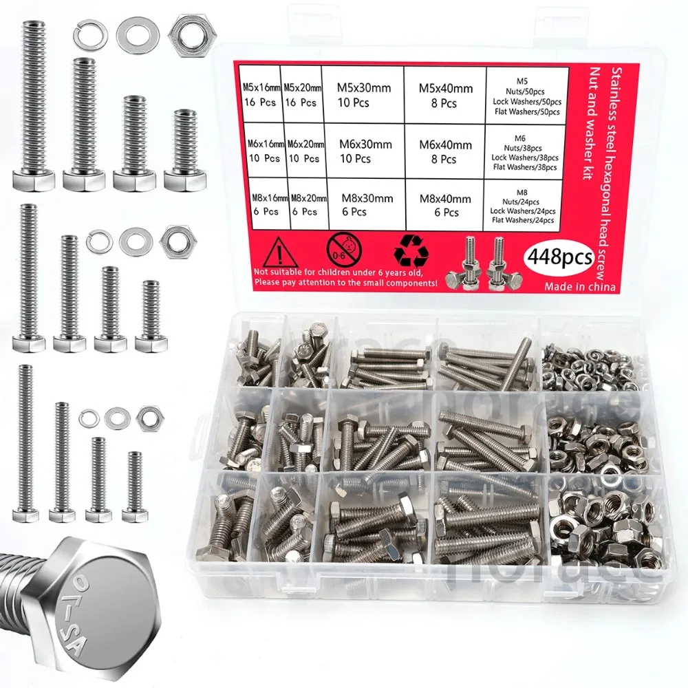 

448-piece stainless steel hex bolt and nut set, M5, M6, M8, lengths 16mm, 20mm, 30mm, 40mm