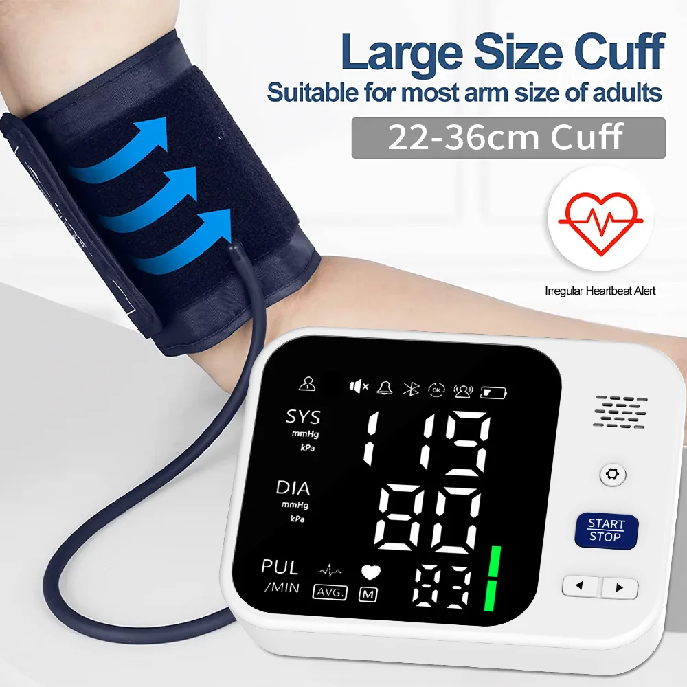 Monitor de Presión Arterial Digital Automático para Brazo con Detección de Arritmias, Brazalete Ajustable de 36 cm, Pantalla LED, Tonómetro de Salud
