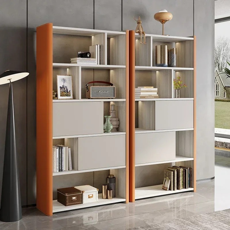 Light Luxury Saddle Leather Bookcase Solid Wood Floor Wall Shelf Study Display Cabinet Bookshelf