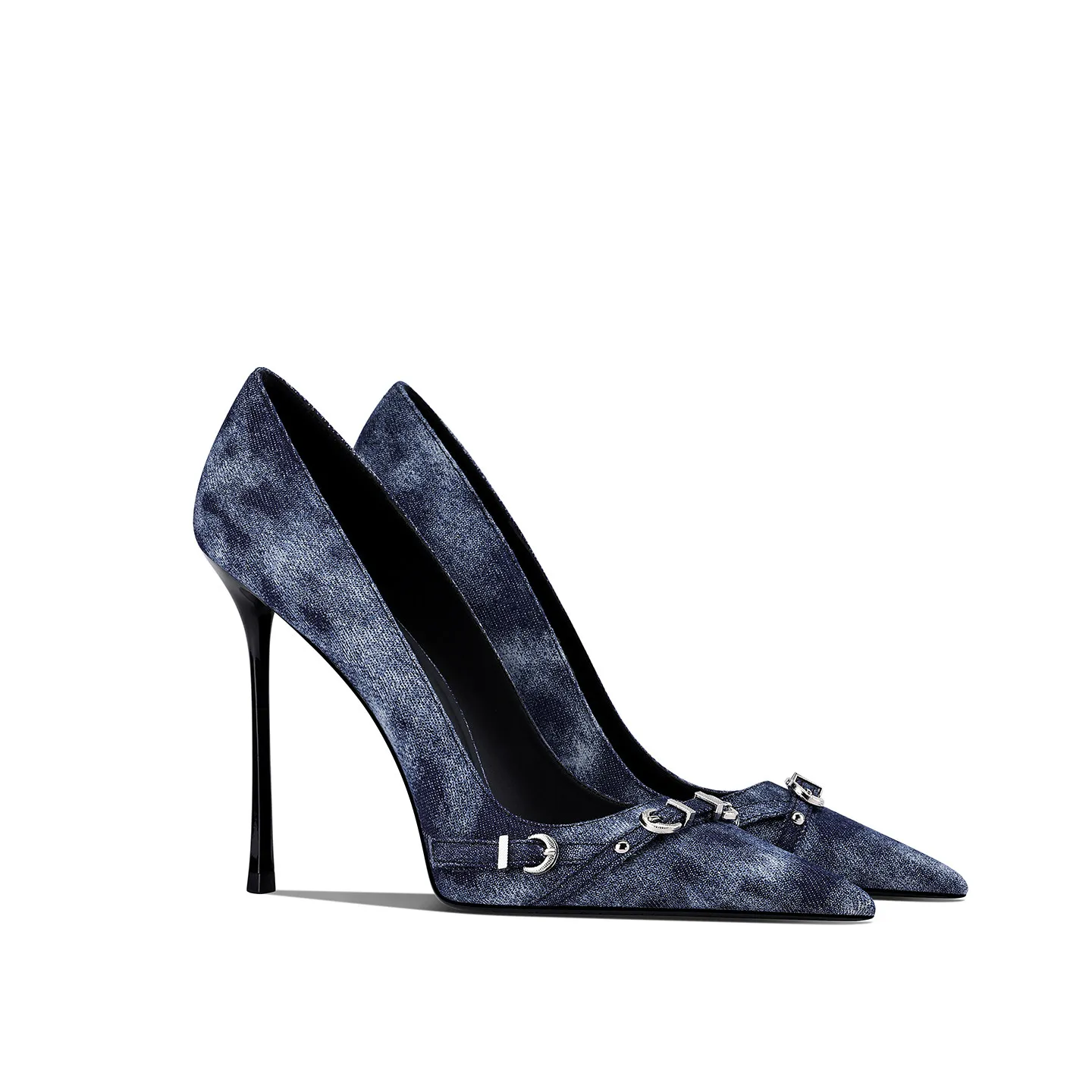 French style denim black pointed thin heel high heels, 2026 new metal buckle non tiring women's single shoes
