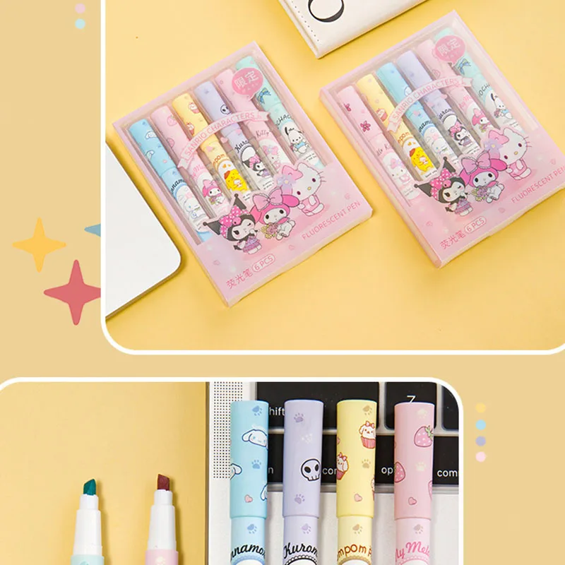 Sanrio Hello Kitty 6Pcs Highlighter Pen Set Kawaii Kuromi Melody Cinnamoroll Art Fluorescent Markers Pens School Office Statione