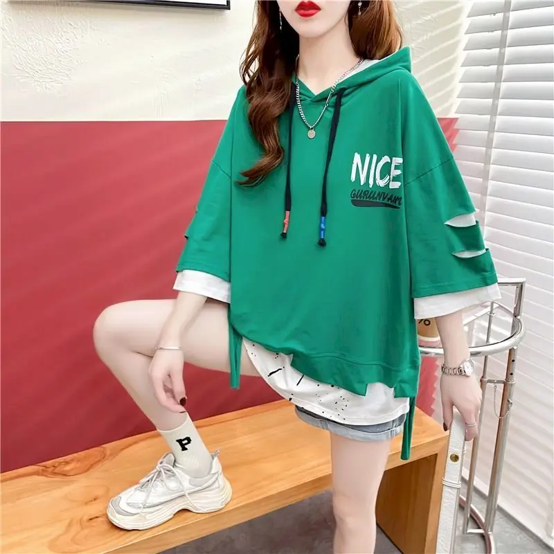 Fashion Fake Two-piece Splicing T Shirts Women Casual Loose Short-sleeved T-shirt Summer Trend Oversized Tops Aesthetic Clothes