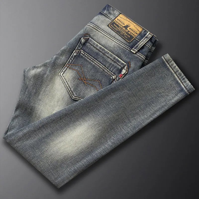 Fashion Designer Men Jeans Retro Washed Elastic Slim Fit Ripped Jeans Men Winter Warm Trousers Vintage Denim Velvet Pants Hombre