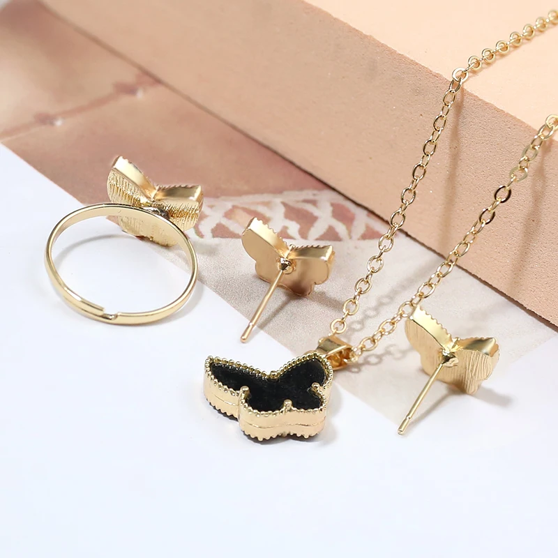 Hot selling item Butterfly Jewelry Set fashion two sided Imitation fritillaria necklace earrings ring three-piece