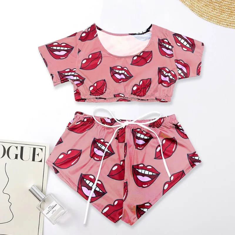 The New 2024 Summer Fashion Crew-neck Women's Waist-less Pajama Shorts Two-piece Lip-printed Crew-neck Elastic Home Wear