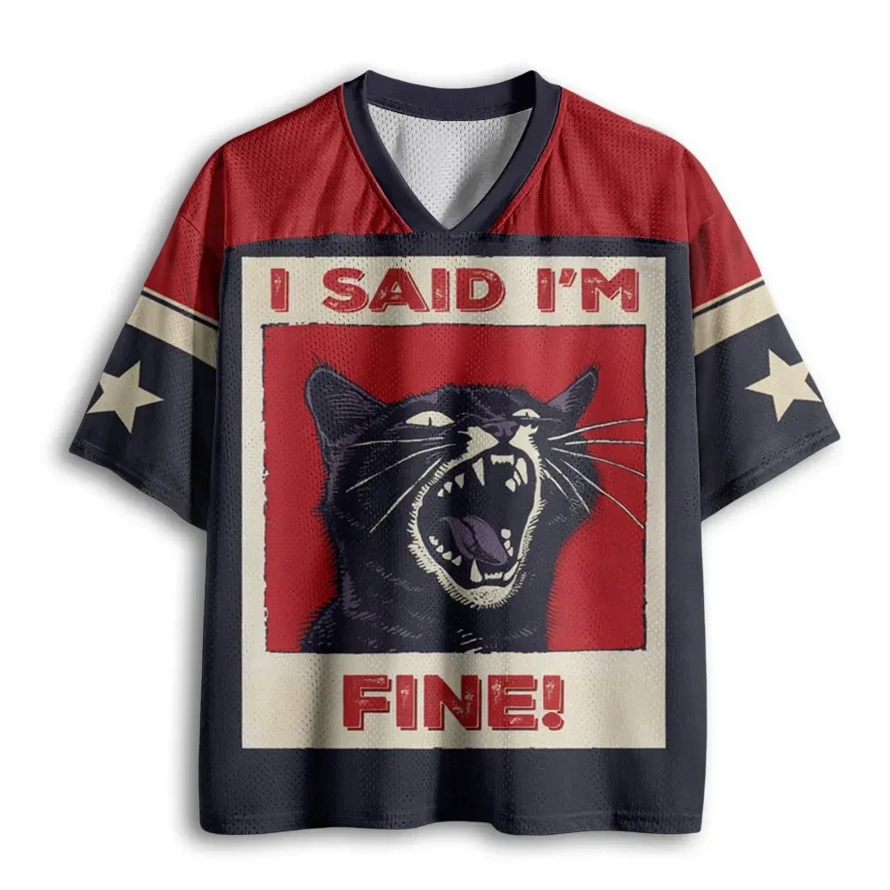 Retro Fierce Black Cat Star Sleeve Graphic Polyester T‑Shirt Men's V‑Neck Short Sleeve Breathable Loose Daily Summer Top