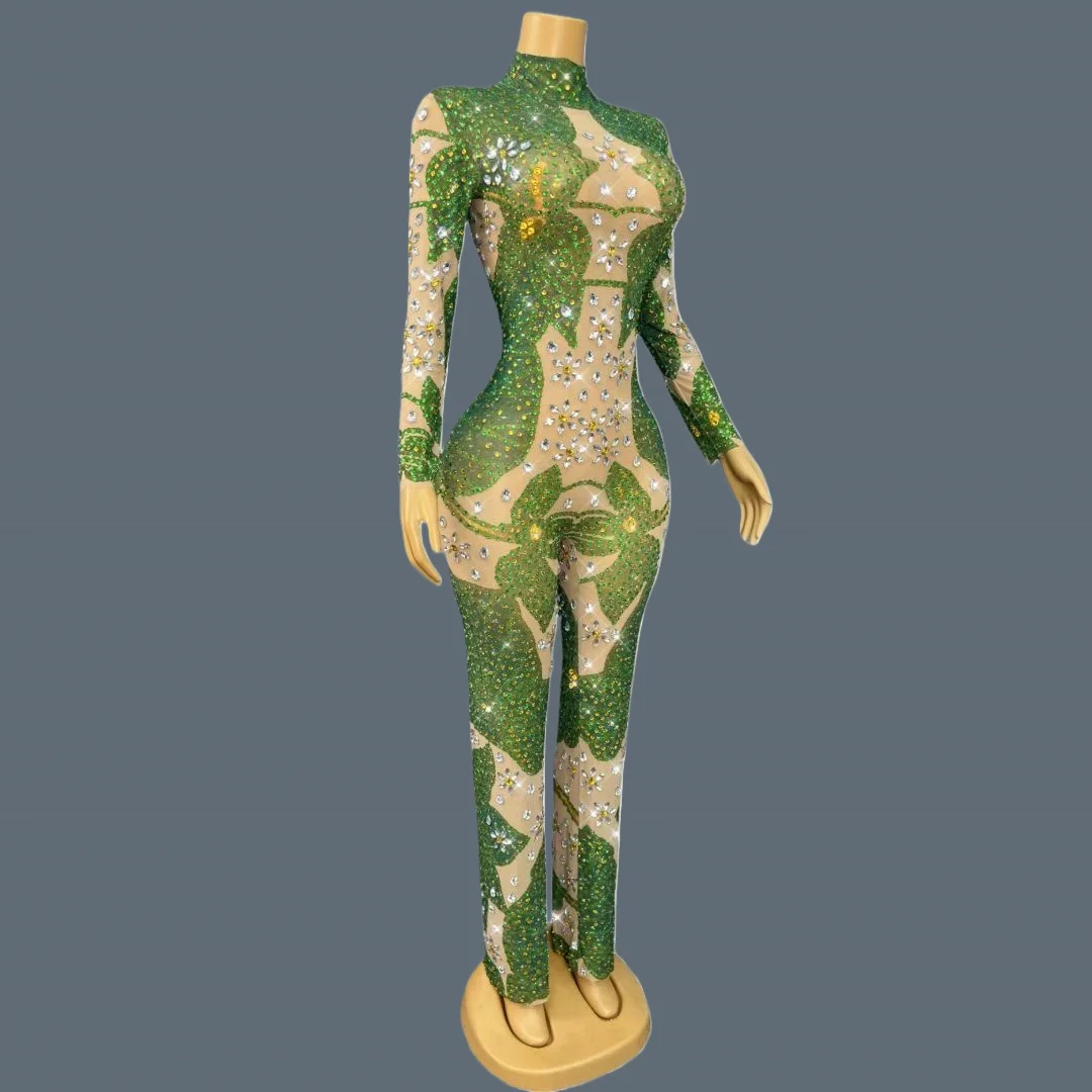 Sparkly Green Crystals Embellished Jumpsuit Sexy Long Sleeve Jumpsuit Fashion Show Stage Drag Queen Performer Outfit Hehuaye
