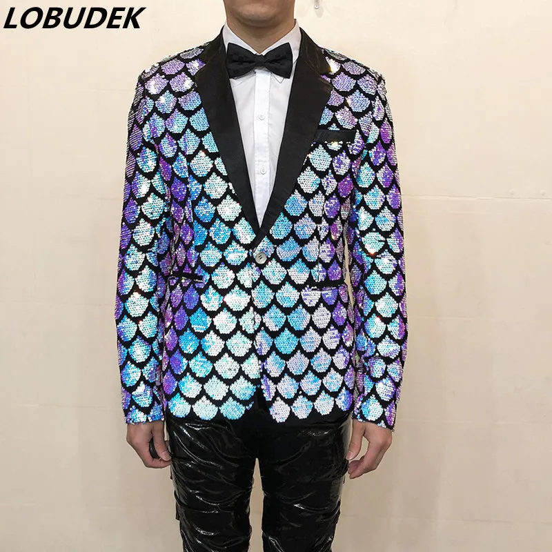 Men's Shiny Sequin Blazers Jacket Host Singer Stage Performance Clothes Nightclub Male Party Glitter Tuxedo Coat