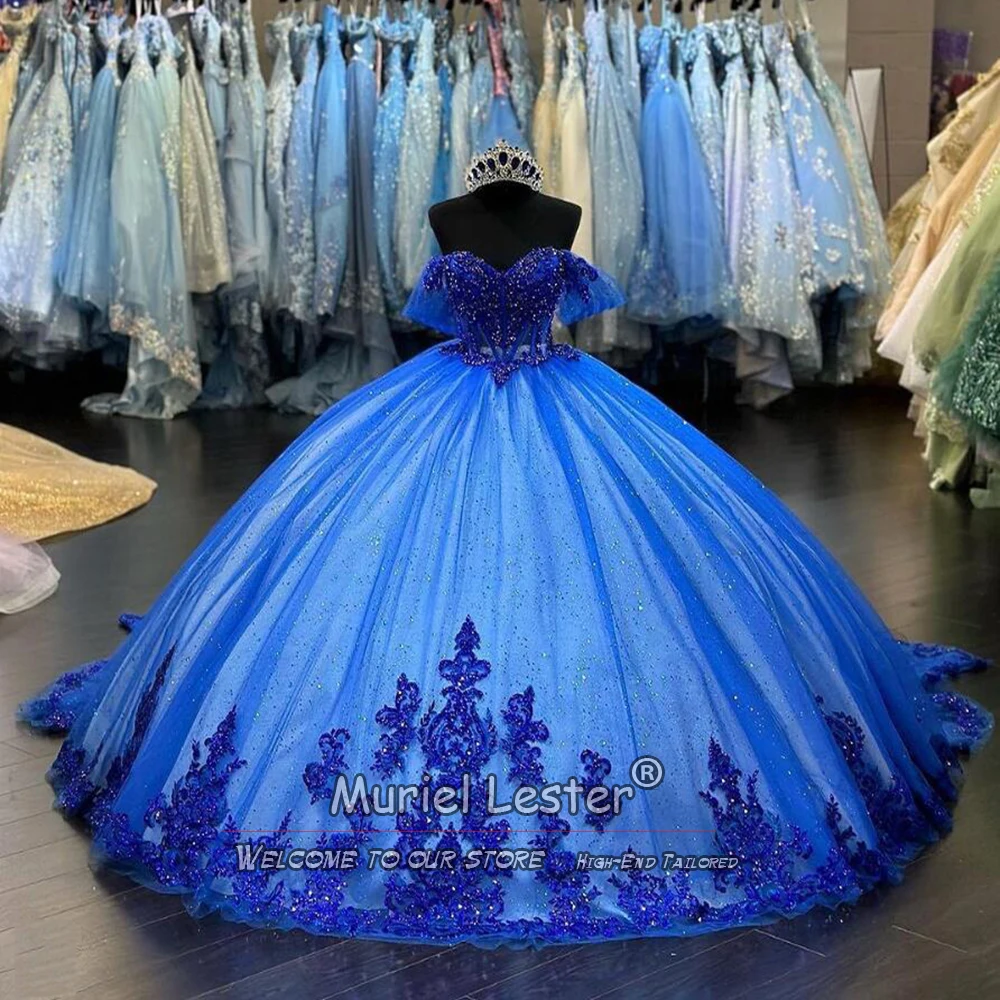 

Royal Blue Princess Ball Gown Quinceanera Dresses Sweet 16 Off Sholder Sweetheart Vestidos De 15 Quinceañera Beads Lace Dress