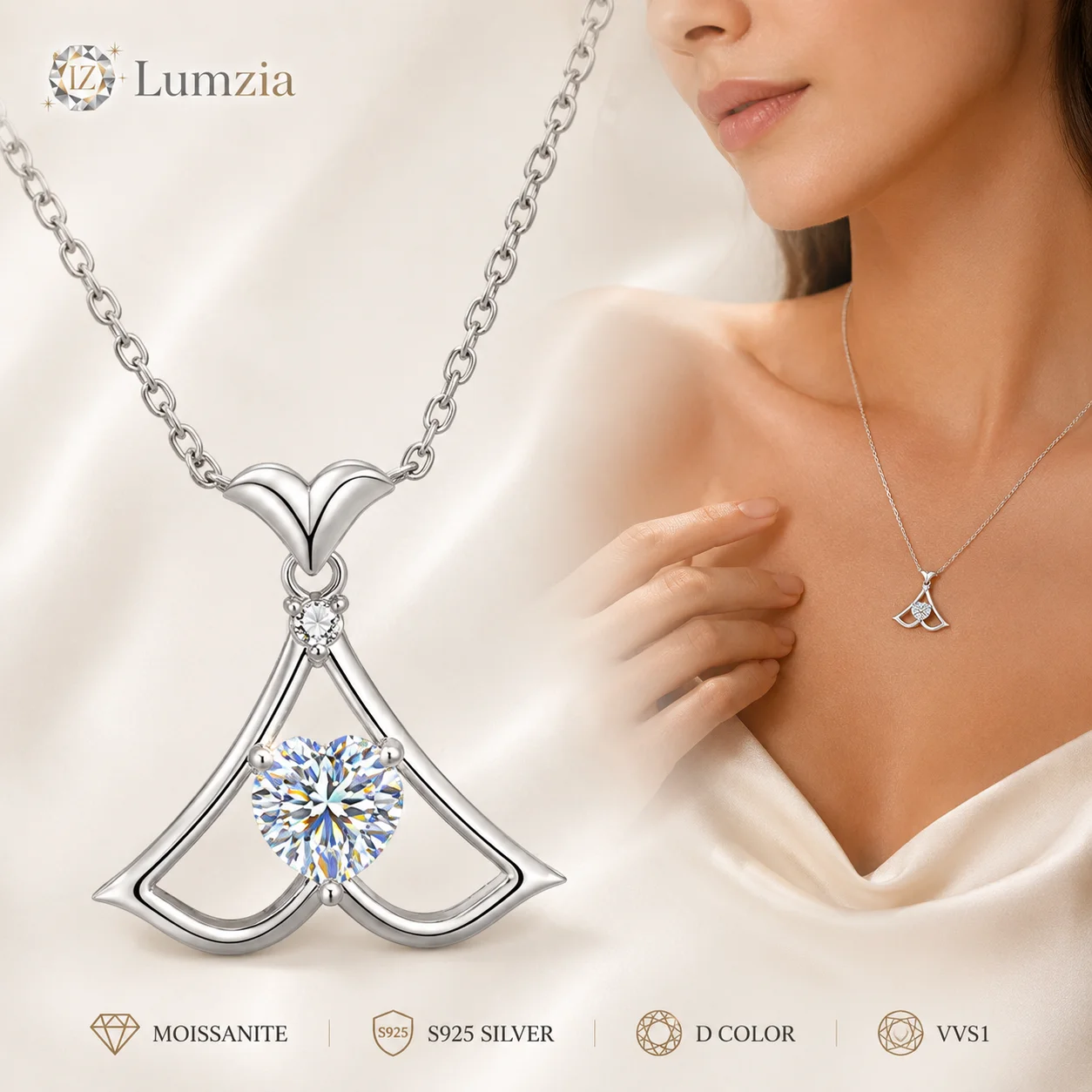 Moissanite Pendant Necklace 0.6CT Heart Stone S925 Sterling Silver Fishtail Design 45+5cm Chain for Women