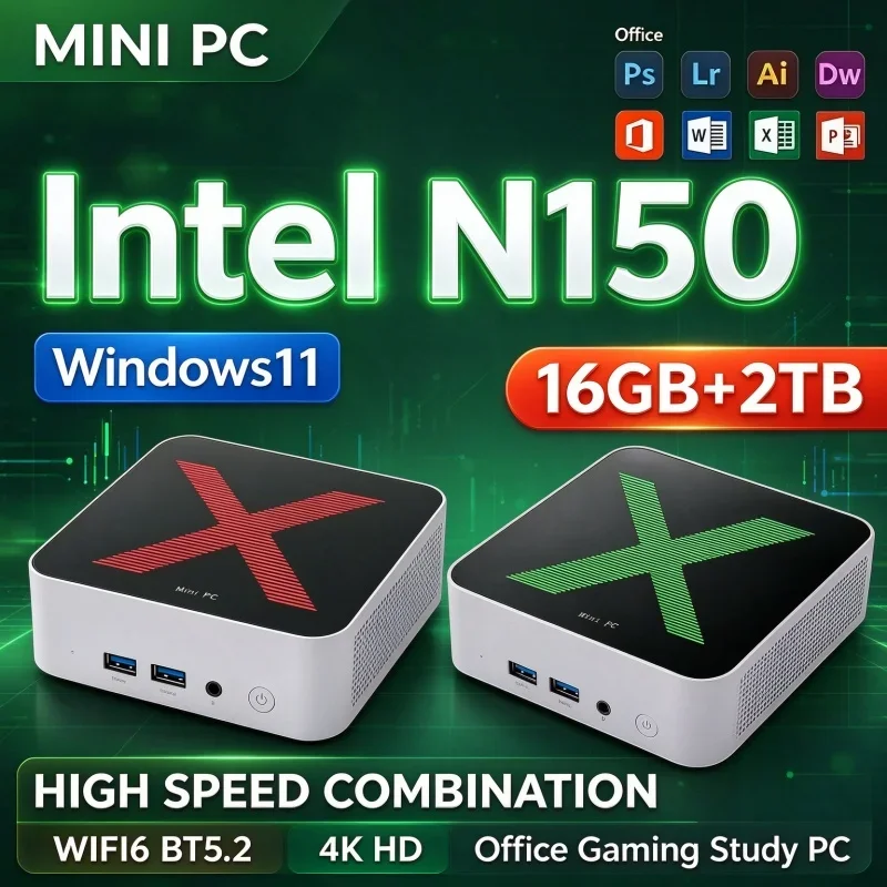 Compact Intel N150 Mini PC Host Windows11 16GB RAM 2TB SSD WiFi6 BT5.2 Low Consumption 4K Mini Computer For Business Office Home