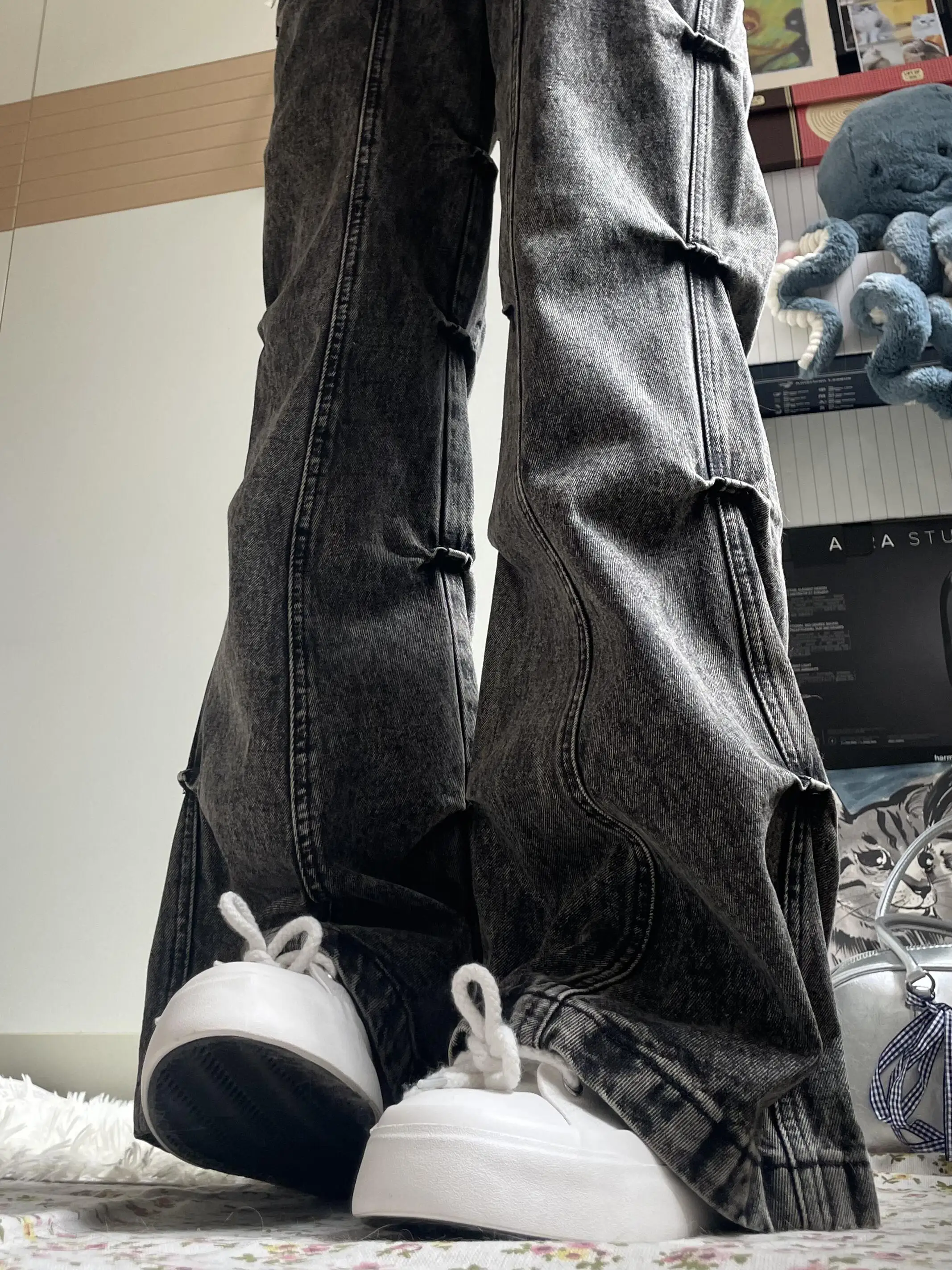 

Retro American Folded Denim Jeans Men's Spring Autumn High Street Small Design Sense Slimming Flared Pants Youth Trend