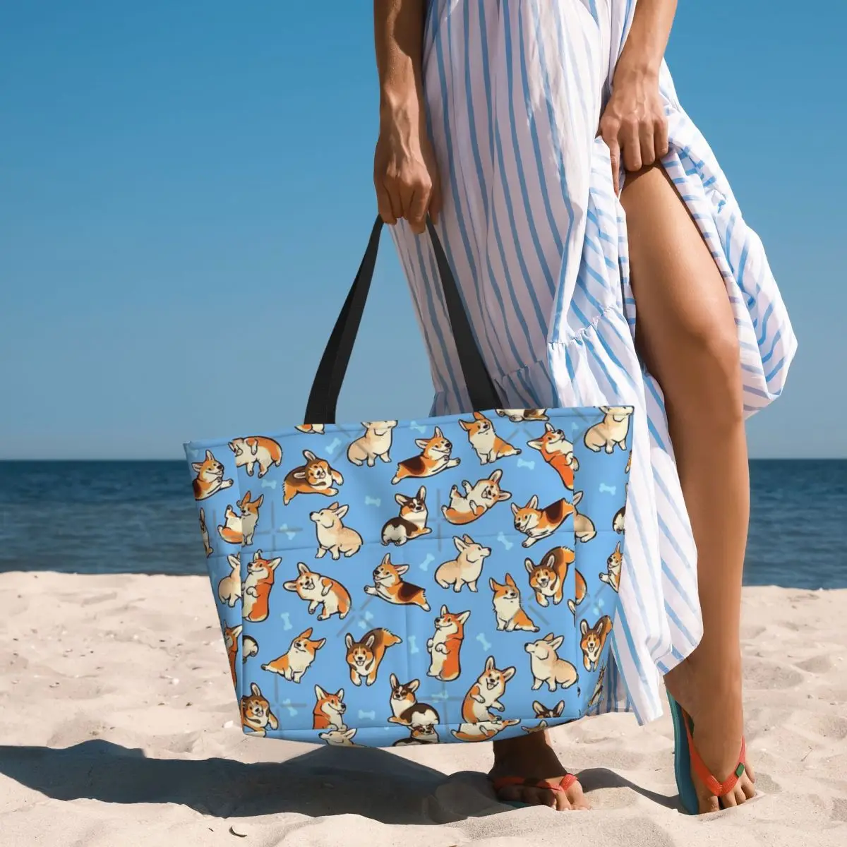 Jolly Corgis In borsa da viaggio da spiaggia blu, borsa a tracolla alla moda di grande capacità con motivo Multi-stile