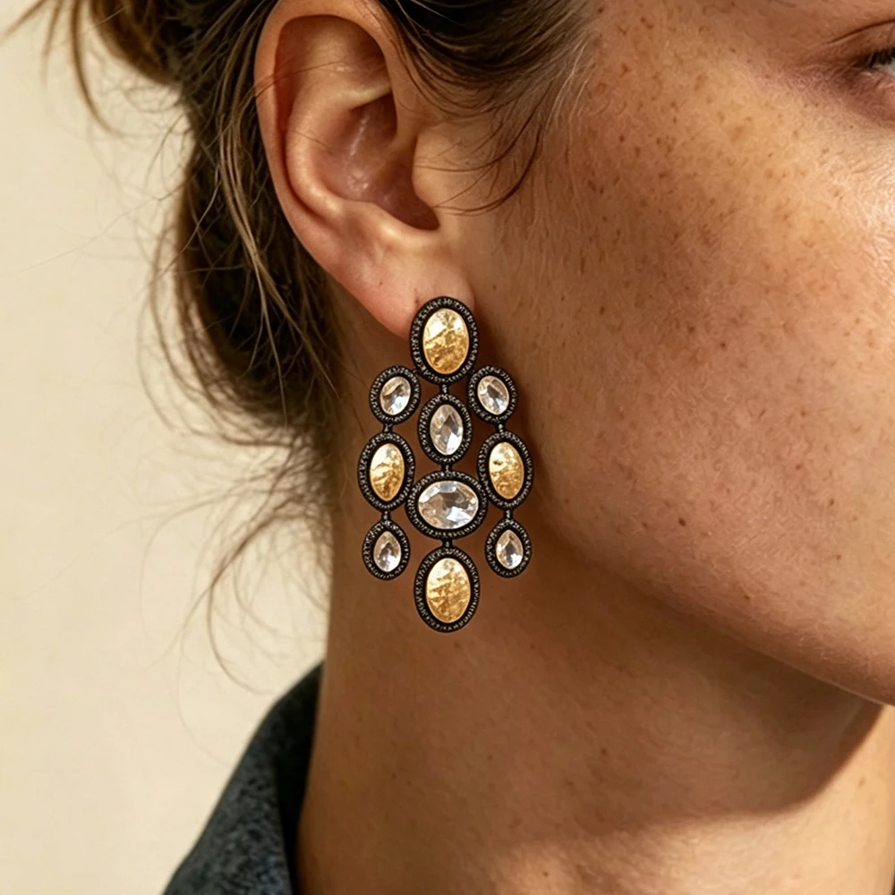 Persönliche Metall-Kristall-Strass-Ovale Hängeohrringe für Frauen, Vintage Bohemian Quasten-Ohrringe, Schmuckgeschenk für Feiertage und Partys – Detail 2