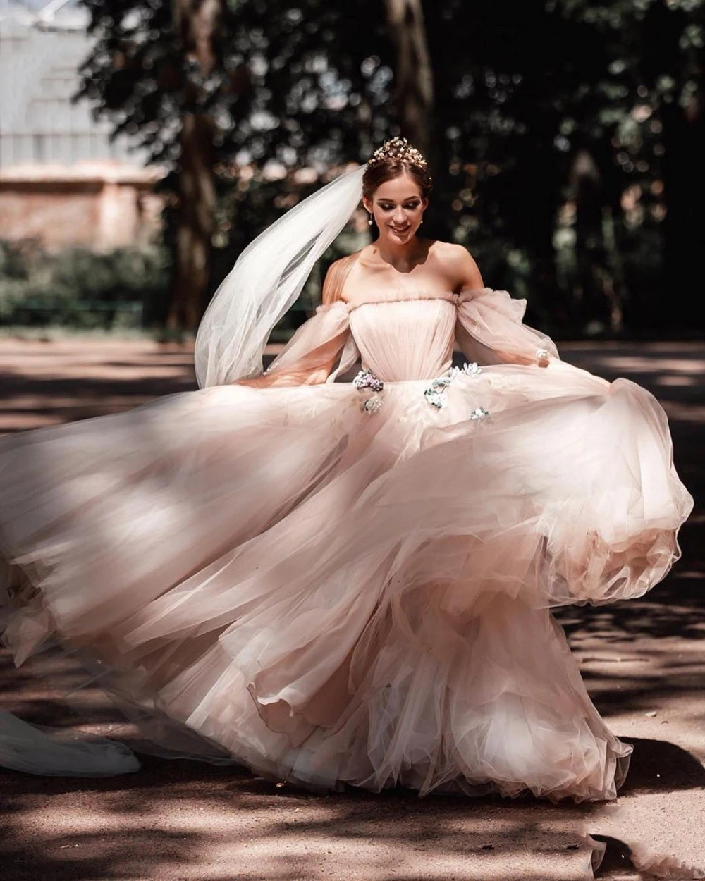 Vestido de novia Beige con hombros descubiertos, bordado de tul, flor 3D, apliques largos hasta el suelo, alta costura, exquisito