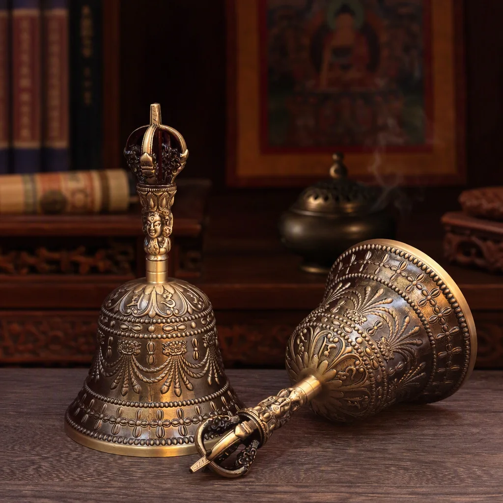 HT  Brass large three-headed demonic bell temple Xizang lama holding six-character mantra bell bronze handicraft ornament
