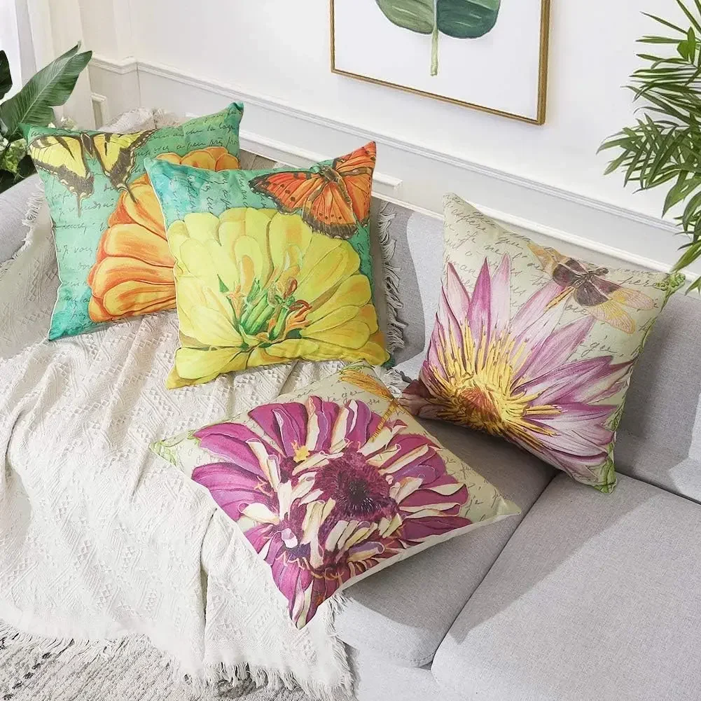 Linen Square Decorative Pillowcase 50x50cm,Vintage Chrysanthemum Pattern Cushion Cover, Suitable for Living Room Sofa Decoration