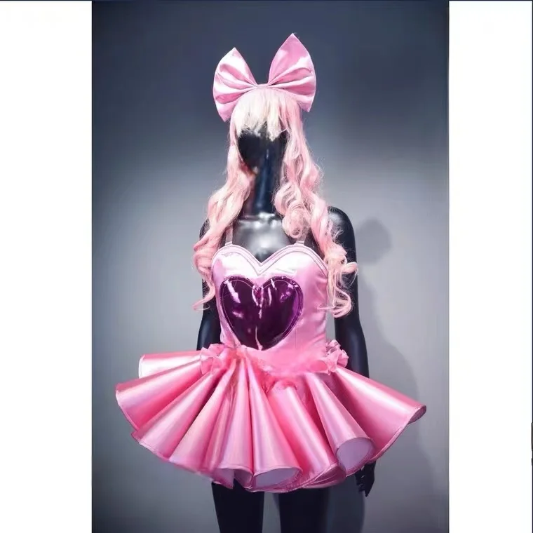 Bar Patry Pink Love Performance Dress Bow Headwear Singer Gogo Walk Show Valentine's Day Dance Stage Prom Birthday Cute Costume