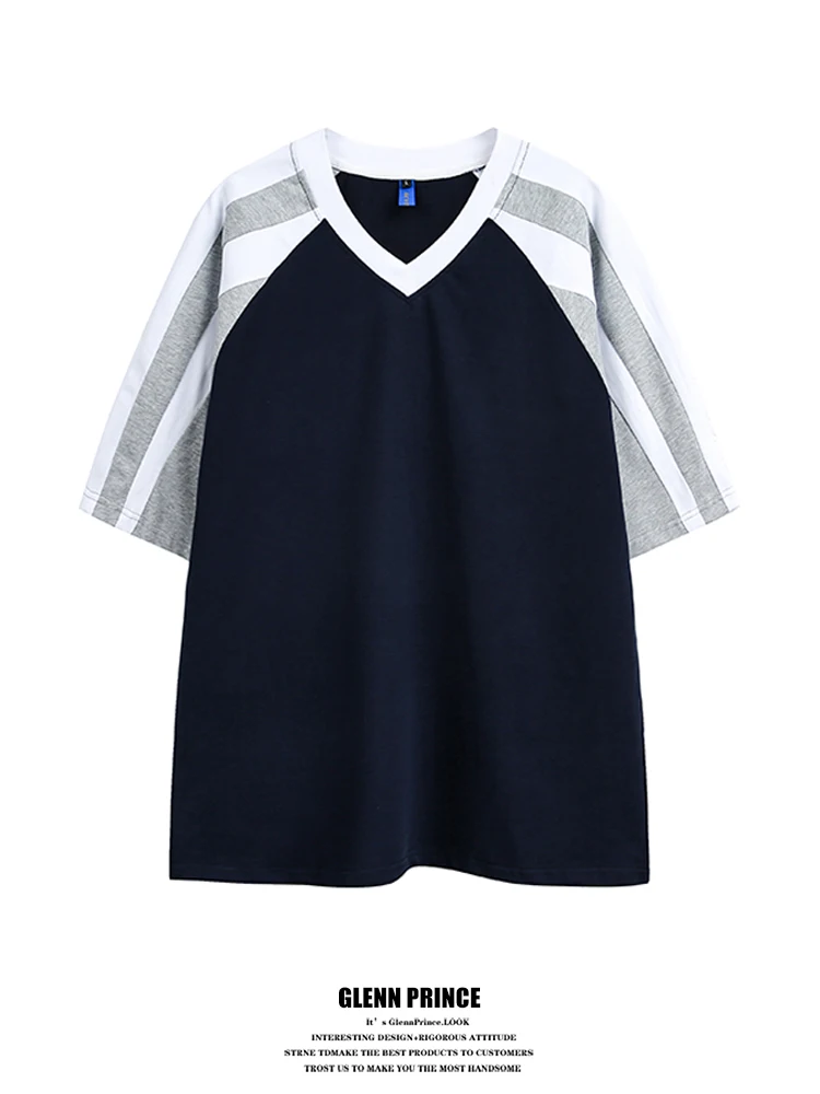 

GPstudio American Retro Color Block V-neck Short Sleeve T-shirt Men's Summer New Outdoor Sports Top Breathable Loose Fit Cotton