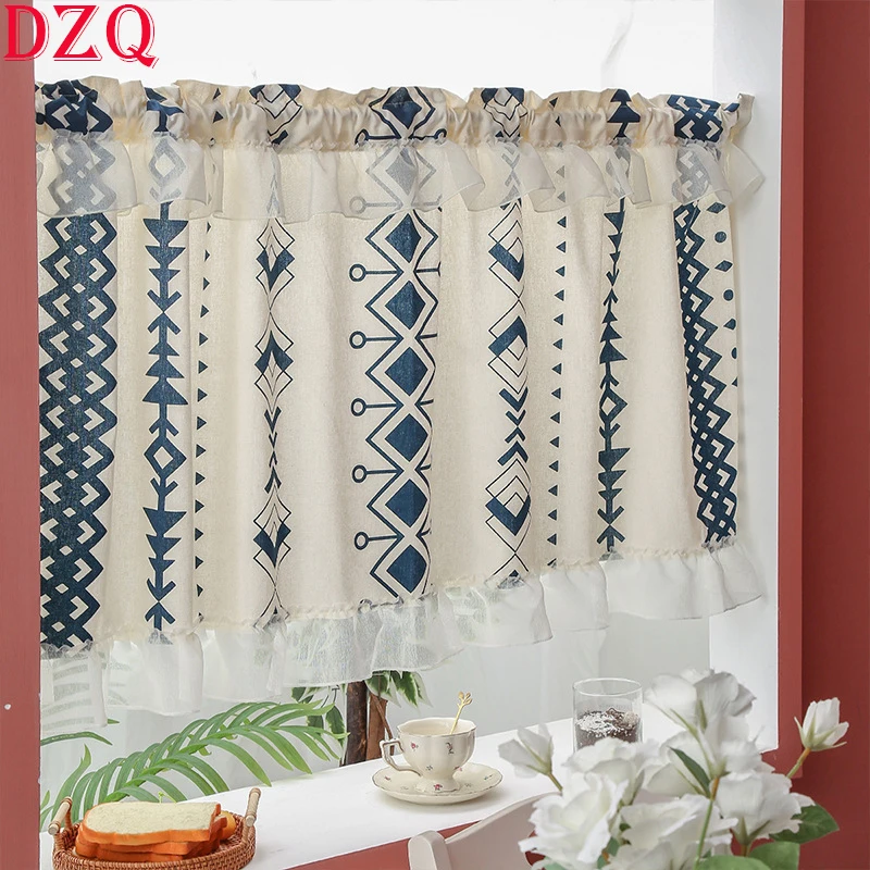 

Korea Sweet Lace Geometric Short Curtains Japanese Rural Blue/Orange/Green Plaid Ruffles Half Curtains Cloth for Kitchen #A602