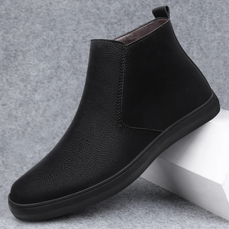 

Classic Men Chelsea Boots with Flat Bottomed Round Head PU Side Zipper Stylish Casual Comfortable High Top Boots