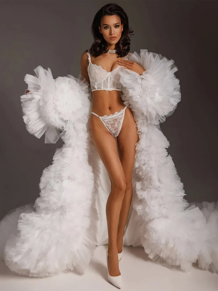 White Ruffles Tulle Bridal Cape Wedding Photoshoot Dress Extra Puffy Tiered Tulle Long Jacket Maternity Robes Women Cape