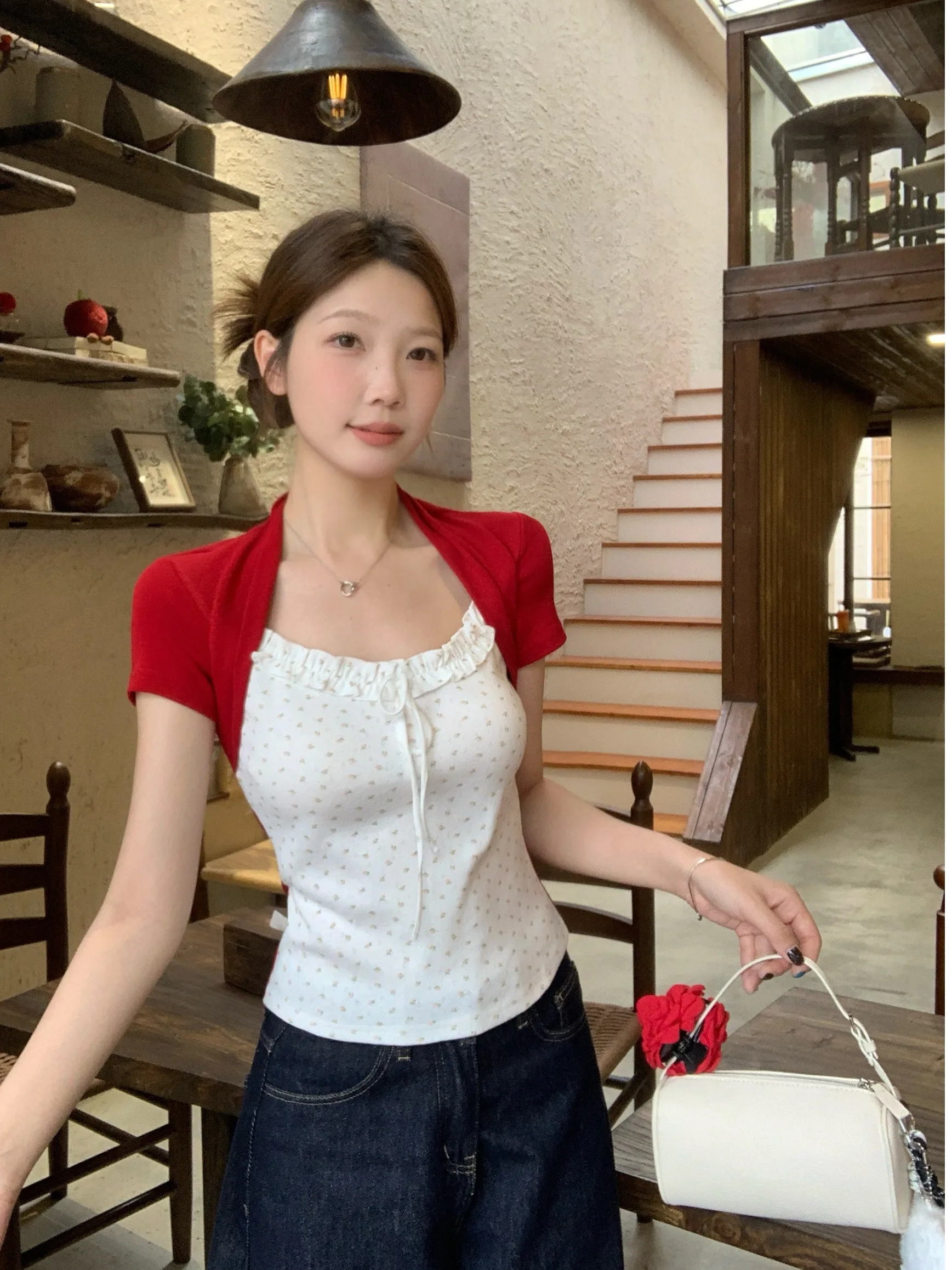 

Sweet Style plus Size Women's Top Floral Print Halter Neck Short Sleeve High Waist Slim Fit Summer Trendy Fashion Korean Style