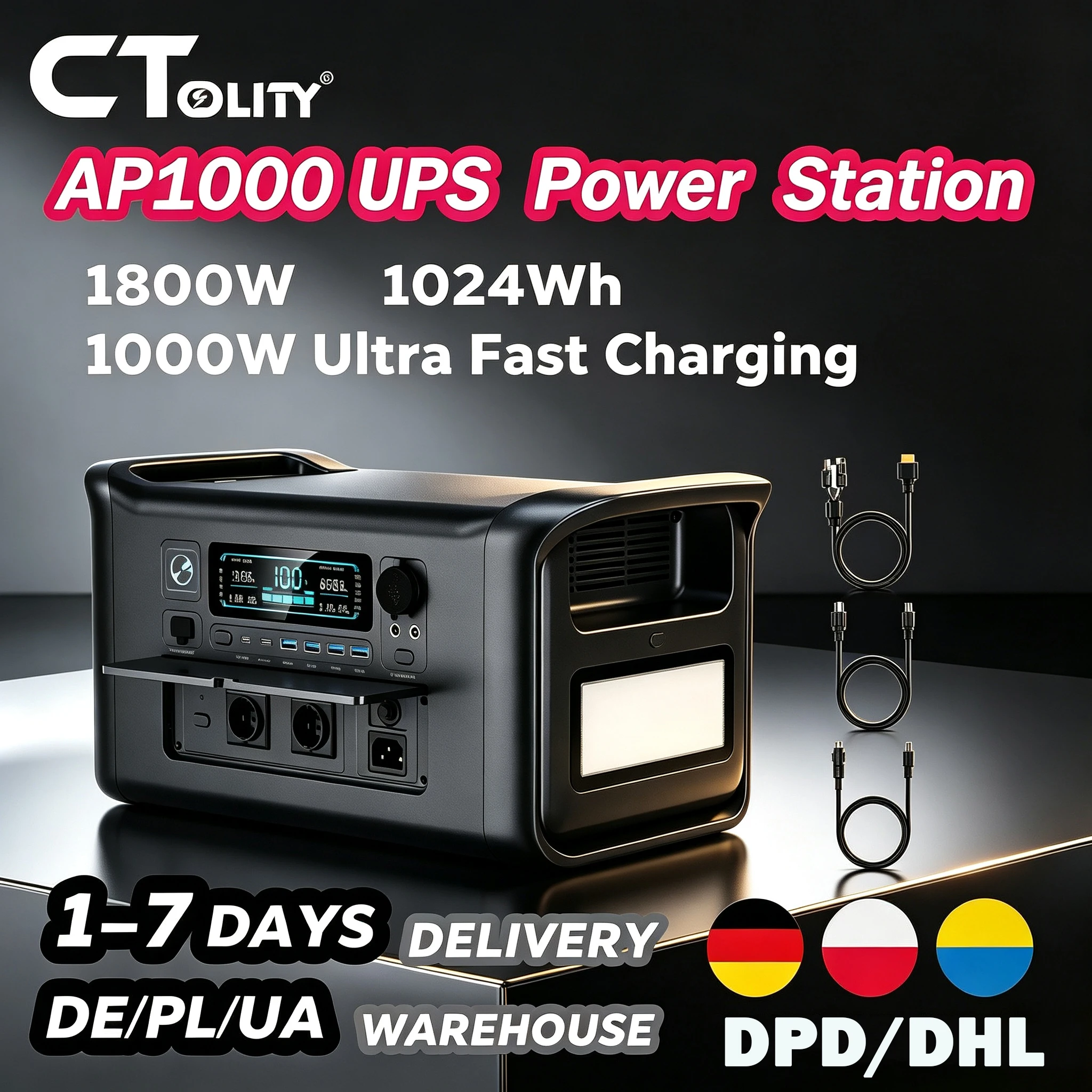 CTOLITY AP1000 Tragbare Powerstation 1800W Reine Sinuswelle 1024WH 320000mAh Solargenerator Lifepo4-Akku Notstromversorgung für Outdoor-RV-Trips Campingzubehör Notlicht
