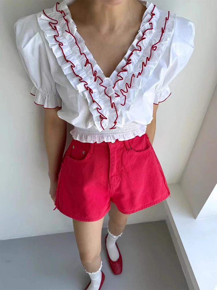 

Liliang Women's Bubble Sve ort irt V-Ne Embellied Summer Design Sweet Sle Polyester Fiber Loose Fit Top