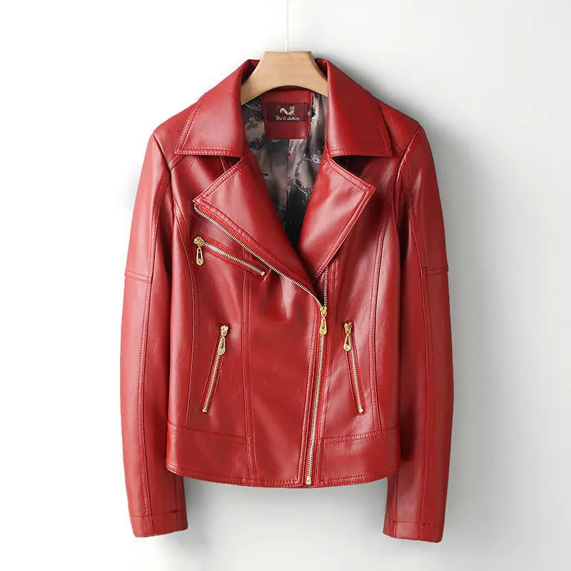 PU Leather Motorcycle Jacket for Women, Long Sleeve, Joker, Slim Zipper Coat, High Quality, Korean Version, New, 2024