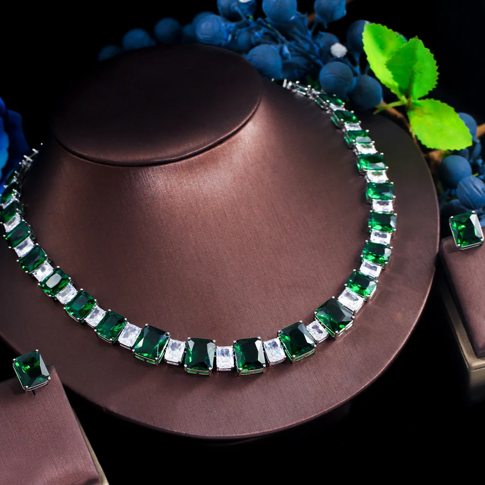 ThreeGraces 2pcs Luxury Square Cubic Zirconia Dark Green Stud Earrings and Necklace Bridal Wedding Jewelry Set for Women TZ993