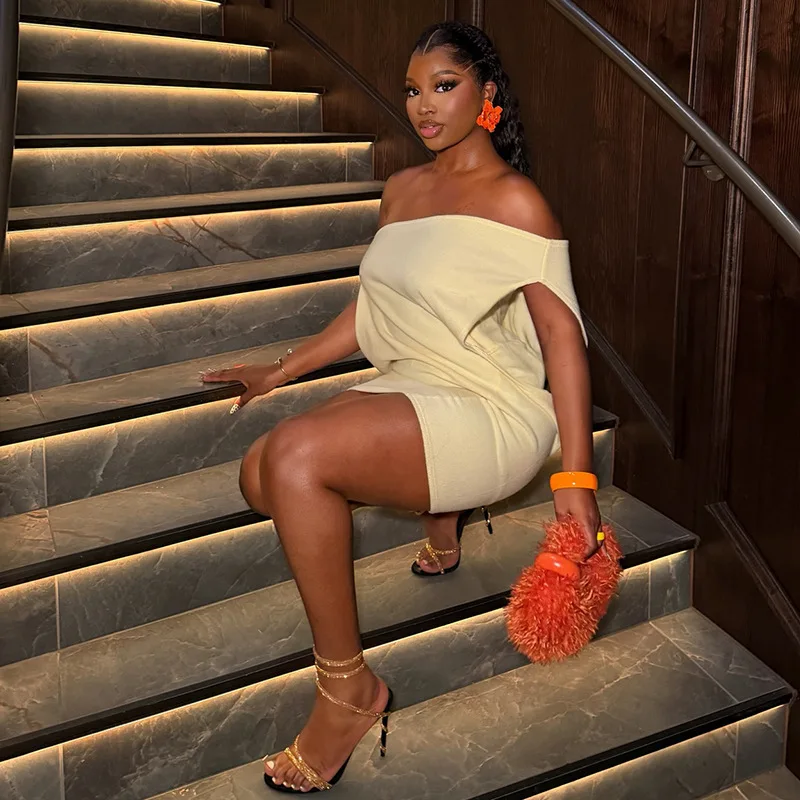 

STYLISH LADY Off The Shoulder Mini Dress 2026 Summer Women Short Sleeve Solid Color Bodycon Ruched Club Party Dress