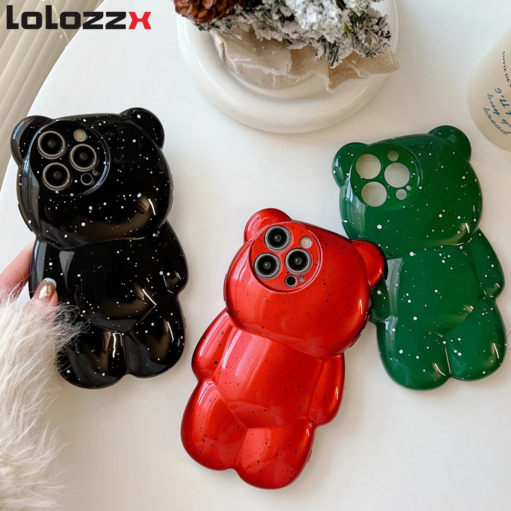 Cute 3D Bear Phone Case For iPhone 15 14 13 12 11 Pro XS Max X XR Cartoon Animal Shockproof Silicone Lens Protection Cover Gifts