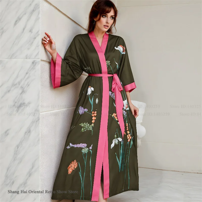 

Print Flower Long Robe Loose Casual Female Kimono Gown Bathrobe Spring Autumn New Sleepwear Home Dress Silk Satin Loungewear