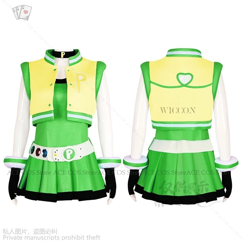 

Anime Power Cos Puff Girls Cosplay Costume Hyper Blossom Rolling Bubbles Costume Vest Coat Dress Outfit Hairband Gloves Belt