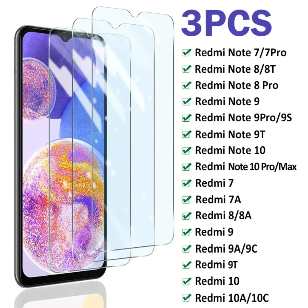 3Pcs Full Cover Tempered Glass for Xiaomi Redmi Note 10 9 Pro 10S 9S 8 7 Screen Protector For Redmi 9C 9T 9A 10C 10A 8A 7A Glass