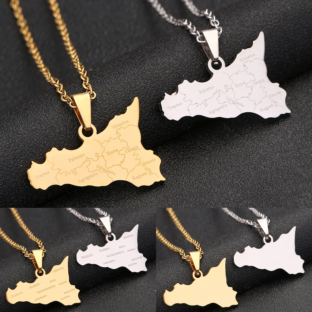 New Italy Sicilia Island Map City Pendant Necklace Stainless Steel Men Women Ethnic Map Jewelry Italiana Gift