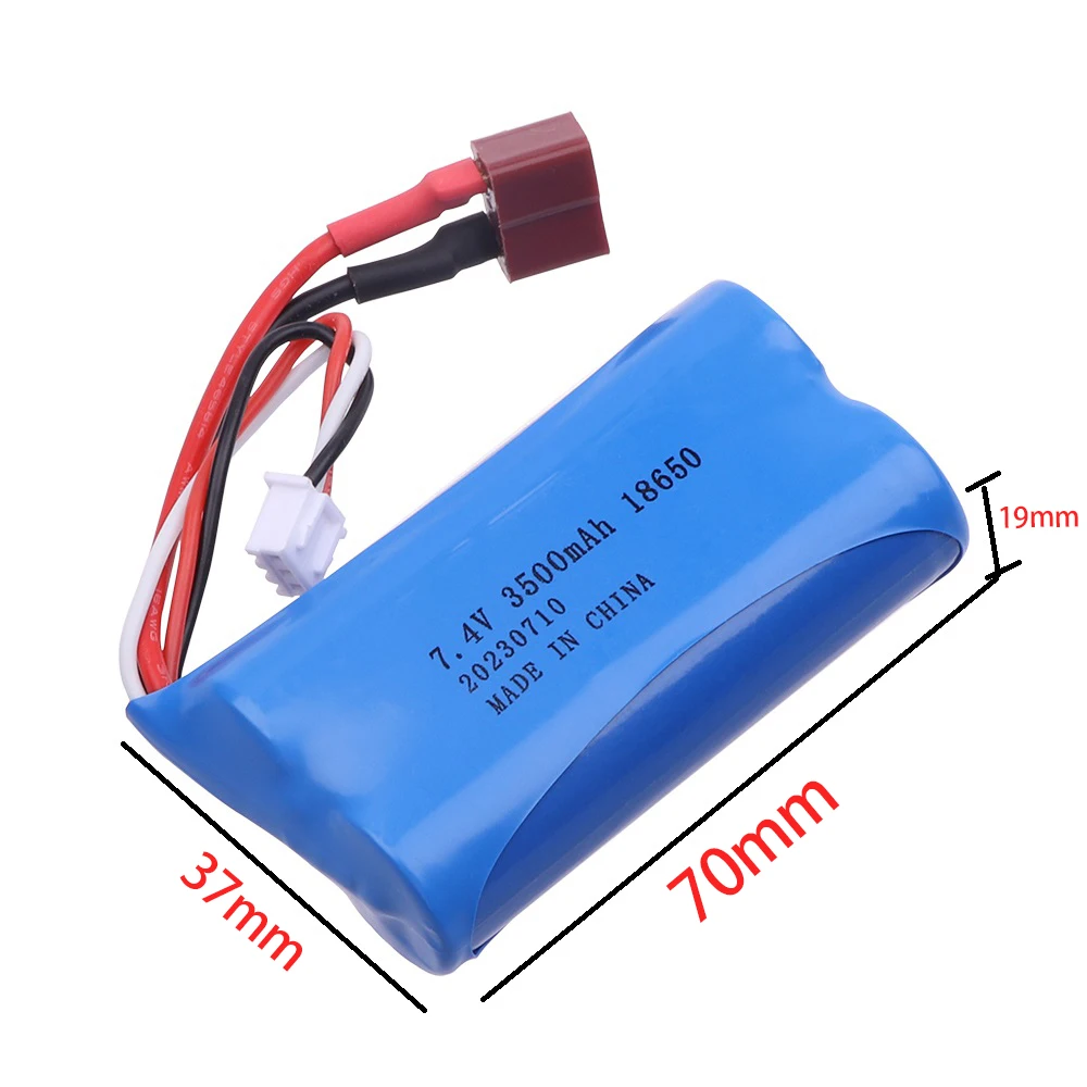 Batería lipo recargable con enchufe en T, 7,4 V, 3500MAH, 18650 con cargador para Q46 Wltoys 10428 /12428/12423 RC, piezas de repuesto para coches de juguete, 7,4 V